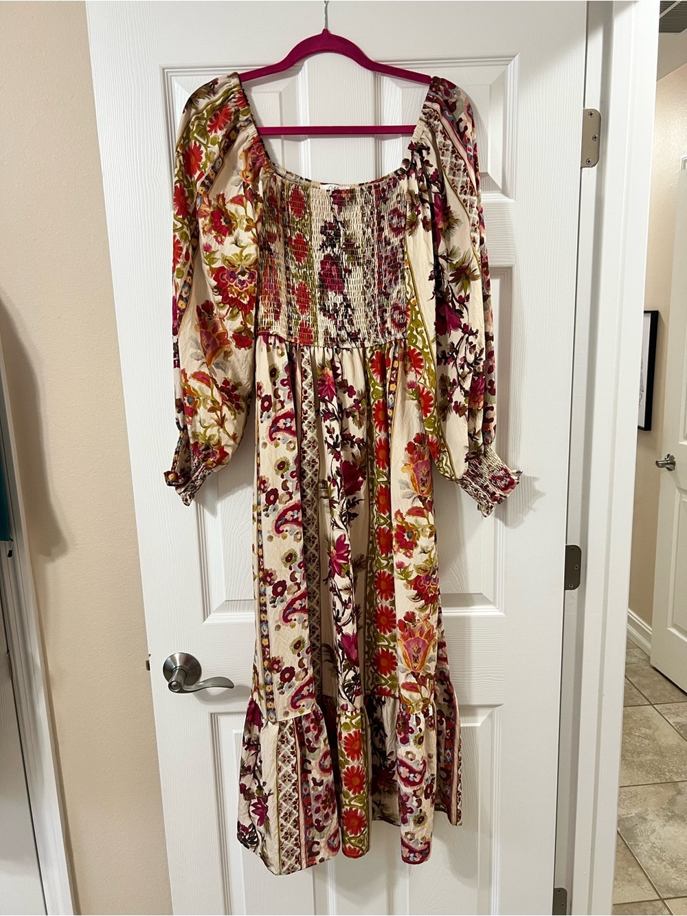 Boho Floral Off-Shoulder Long Sleeve Dress - White with Pink & Green Floral